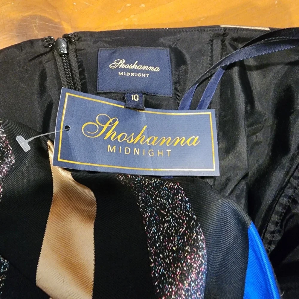 Shoshanna Fit and Flare Strapless Dress Womens 10 Black Gold‎ Blue Chevron NEW